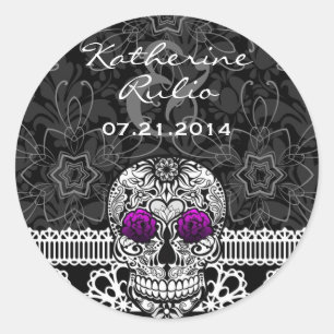 Adesivo Redondo Lace Sugar Skull Day of the Dead Save the Date