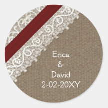 Lace vermelho FAUX e burlap, selos de casamento