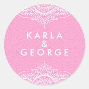 Adesivo Redondo Laço branco ornamentado & teste padrão cor-de-ro