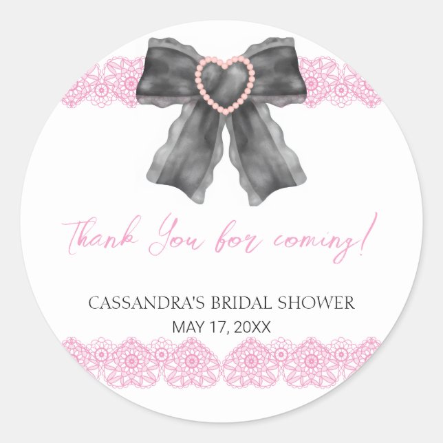 Adesivo Redondo Laço Preto Coquete Rosa com Renda Bridal Shower Ob (Frente)
