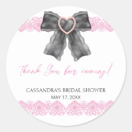 Adesivo Redondo Laço Preto Coquete Rosa com Renda Bridal Shower Ob