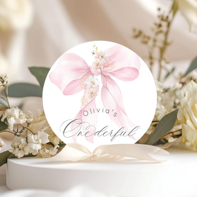 Adesivo Redondo Laço Rosa Menina Onederful 1º Aniversário (Criador carregado)