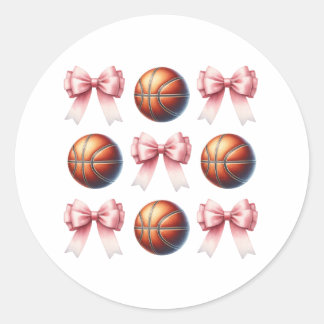Adesivo Redondo Laços Rosa e Desenho de Bolas de Basquete Modernos