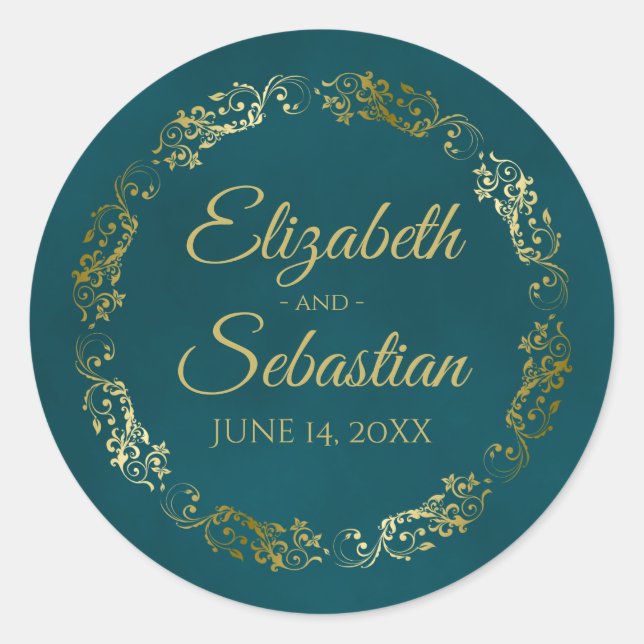 Adesivo Redondo Lacy Gold Filigree Elegant Dark Teal Wedding Names (Frente)