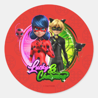 Adesivo Redondo Ladybug e Cat Noir | Sortudo e encantador