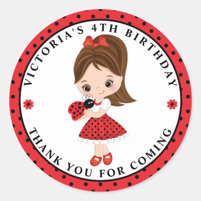 Adesivo Redondo Ladybug Girl Birthday ClassRound Sticker (Frente)