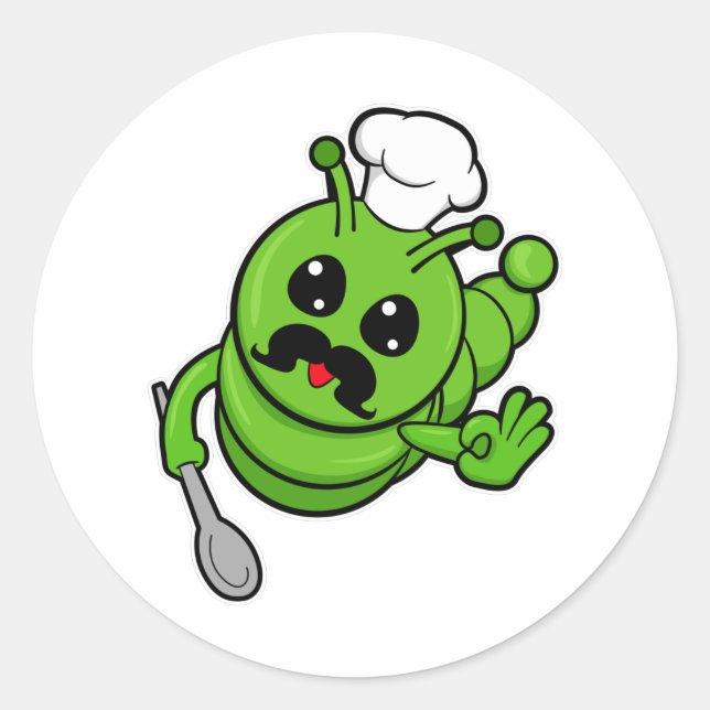 Adesivo Redondo Lagarta como cozinheiro com colher (Frente)