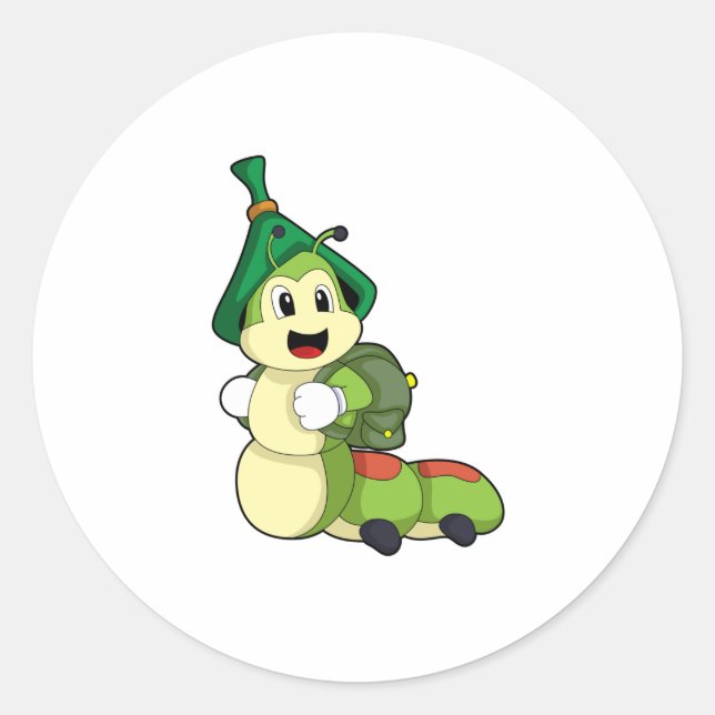 Adesivo Redondo Lagarta como Estudante com Mochila (Frente)