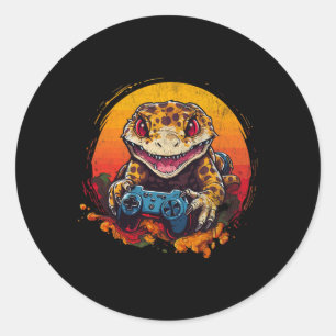 Adesivo Redondo Lagarto Leopardo Jogando Video Game Lagarto E Répt