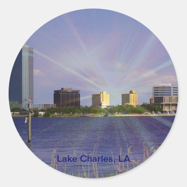 Adesivo Redondo Lago Charles, LA Skyline com Sunburst (Frente)