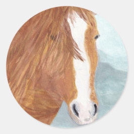 Adesivo Redondo Lago de Montanha Azul Marrom de Cavalo Selvagem -