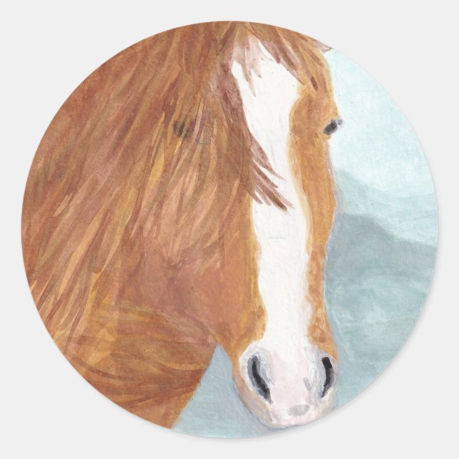 Adesivo Redondo Lago de Montanha Azul Marrom de Cavalo Selvagem -  (Frente)