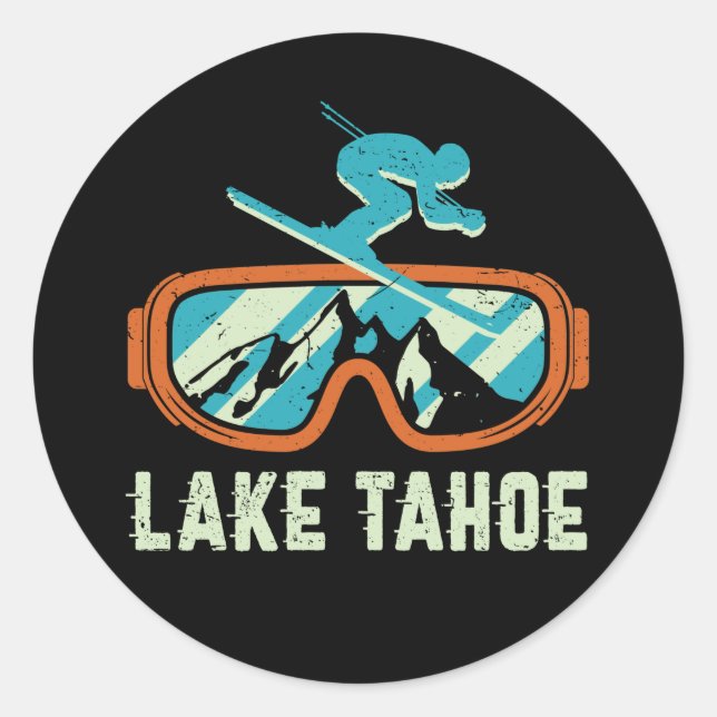 Adesivo Redondo Lake Tahoe California Retro Skiing Snowboarding (Frente)