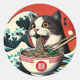 Adesivo Redondo Lamen de Gato Arte Japonesa Estilo Vintage