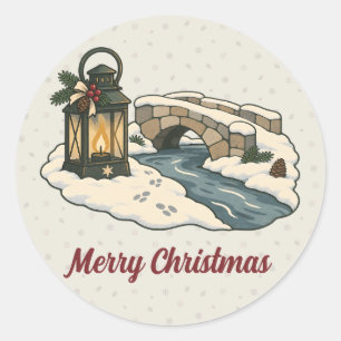 Adesivo Redondo Lâmpada de Natal Nórdica por uma Ponte de Pedra na