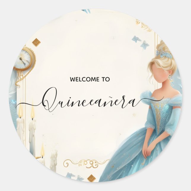 Adesivo Redondo Lâmpada Lâmpada Gelo Dourado Céu Azul Quinceanera (Frente)