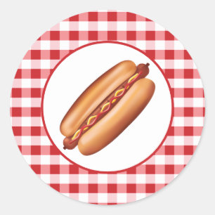 Adesivo Redondo Lanche de Cachorro-Quente em Xadrez Vermelho