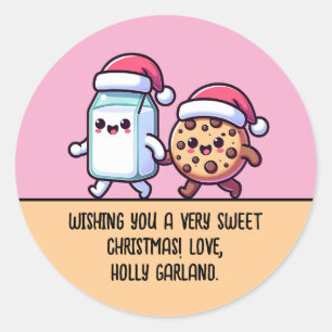 Adesivo Redondo Lanches de Natal Leite e Biscoito Cute Texto Perso
