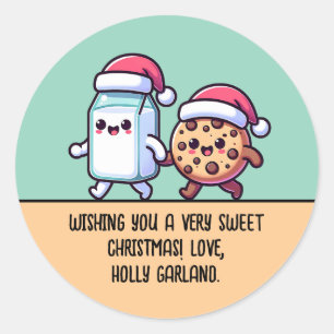 Adesivo Redondo Lanches de Natal Leite e Biscoito Texto Personaliz