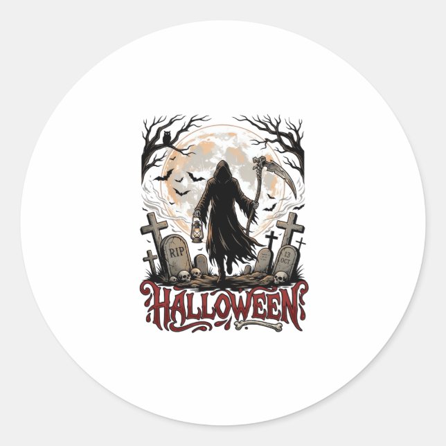 Adesivo Redondo Lanterna da Morte Halloween Lua Cheia Lápides (Frente)