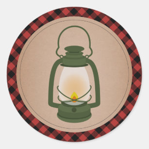 Adesivo Redondo Lanterna de acampamento verde da xadrez