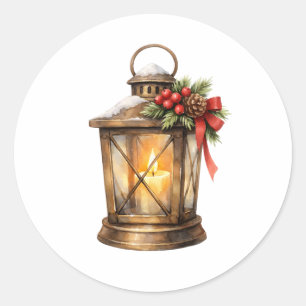 Adesivo Redondo Lanterna de Natal aquarela com vela acesa