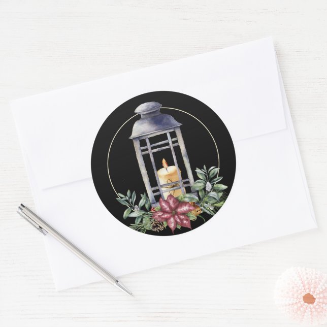 Adesivo Redondo Lanterna de Natal com Vela em Preto (Envelope)