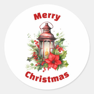 Adesivo Redondo Lanterna de Natal Vermelho Poinsettia e Pinheiro