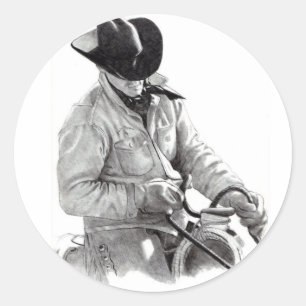 Adesivo Redondo Lápis Desenho de Cowboy em Saddle, Arte Ocidental
