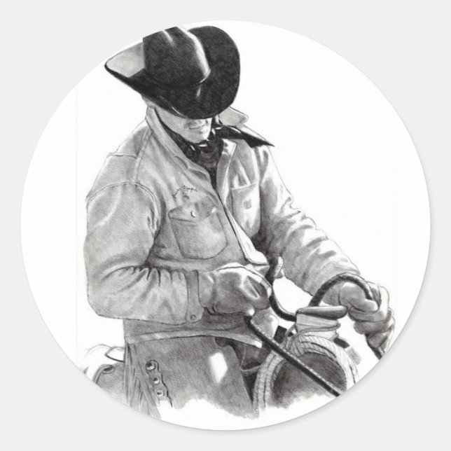 Adesivo Redondo Lápis Desenho de Cowboy em Saddle, Arte Ocidental (Frente)