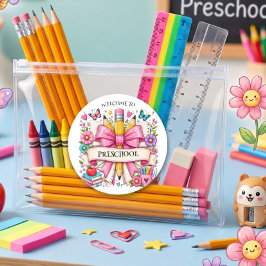 Adesivo Redondo Lápis Retro Bem-vindo Pré-escola