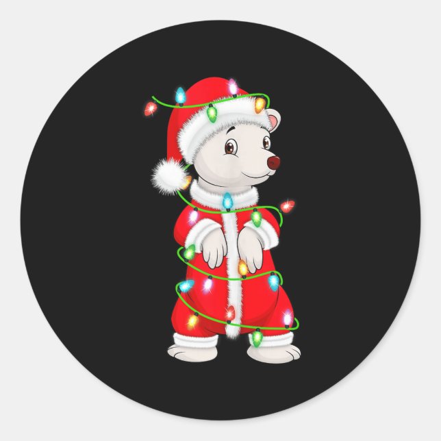 Adesivo Redondo Lar Bear Christmas Lights Santa Costume Cute Anima (Frente)