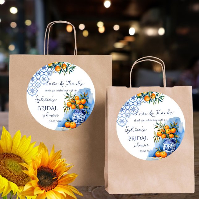 Adesivo Redondo Laranja azul Talavera cítrico lembrancinha de chá  (Talavera blue oranges citrus Mexican Hacienda summer bridal shower thank you favor sticker template)