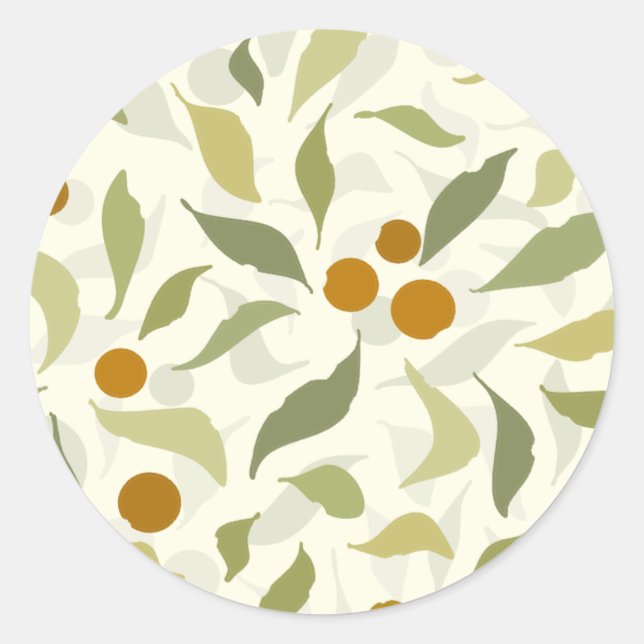 Adesivo Redondo Laranja Berries e Folhas no creme - padrão. (Frente)