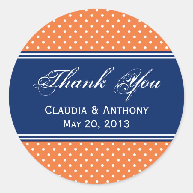 Adesivo Redondo Laranja, Bolinhas branca com azul real (Frente)