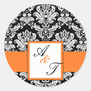 Adesivo Redondo Laranja Casamento Monograma Damask Seal