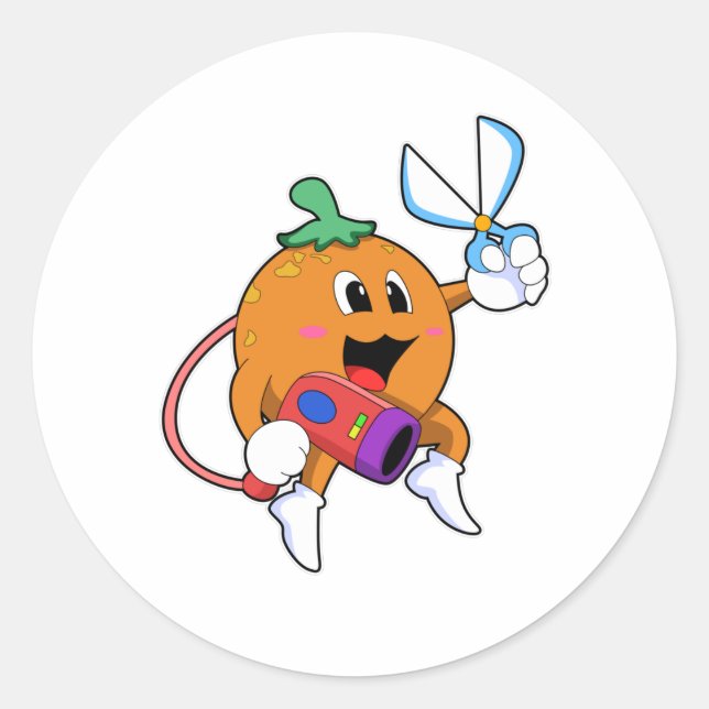 Adesivo Redondo Laranja como cabeleireiro com tesoura e secador de (Frente)