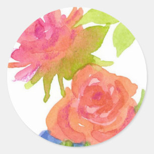 Adesivo Redondo Laranja cor-de-rosa flores pintadas da aguarela
