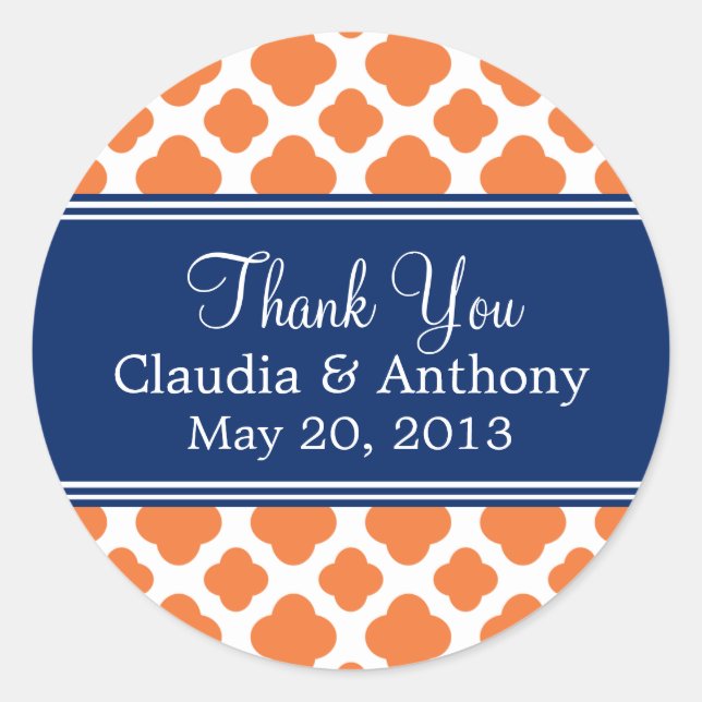 Adesivo Redondo Laranja e Quatrefoil Azul Real Obrigado (Frente)