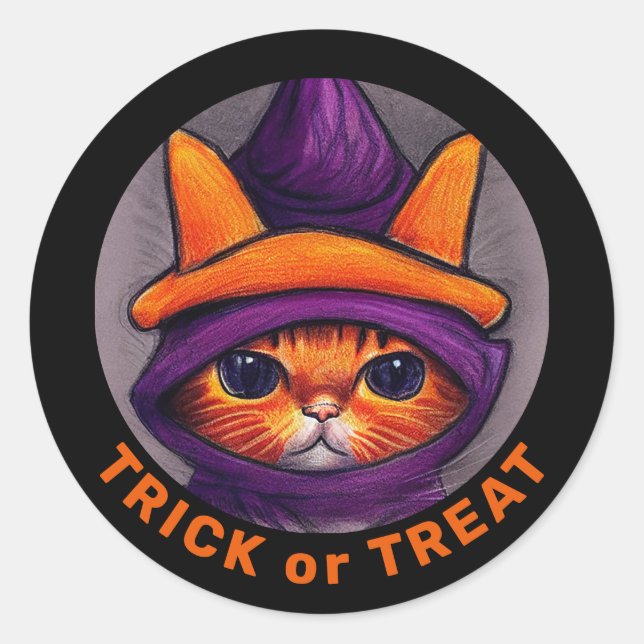 Adesivo Redondo Laranja Gato Roxo de Bruxa Trick Treat Halloween (Frente)