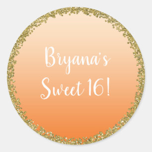 Adesivo Redondo Laranja Mergulhado em Glitter Dourado Glamour Bril