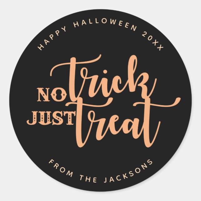 Adesivo Redondo Laranja Negro Sem Truque Apenas Tratar O Halloween (Frente)