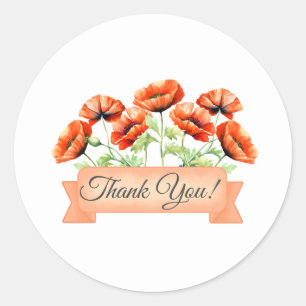 Adesivo Redondo Laranja Poppies Flores Florais Obrigado