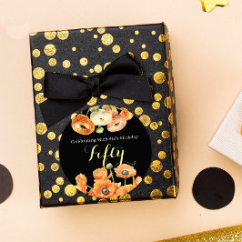 Adesivo Redondo Laranja Preto Elegante Floral 50ª Festa de anivers