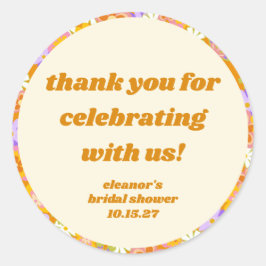 Adesivo Redondo Laranja Retro Floral Personalizado Obrigado Chá de