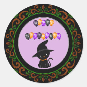 Adesivo Redondo Laranja Verde Gato Negro Feliz Balões de Hallowee