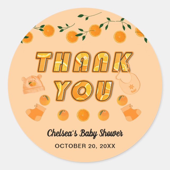 Adesivo Redondo Laranja Você Pronta Chá de fraldas Citrus Obrigado (Frente)