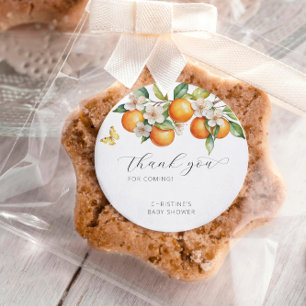 Adesivo Redondo Laranjas Brilho Cítrico Floral Baby Shower Obrigad