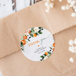 Adesivo Redondo laranjas tema citrus folhagem casamento obrigado