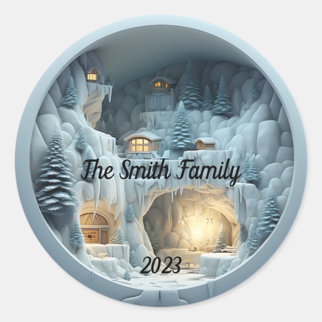 Adesivo Redondo Lareira de gelo 3D Natal (Frente)